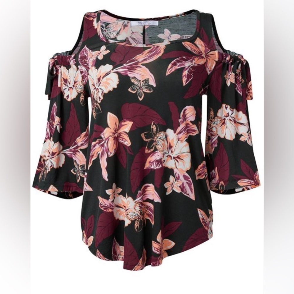 Lascana Venus - NEW -Printed Cold-Shoulder Top. Black Multi color code (BKMU) XL